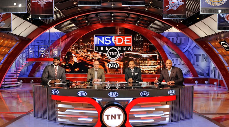 "Inside the NBA" studio crew, from left, Shaquille O'Neal, Ernie Johnson, Kenny "The Jet" Smith and Charles Barkley. The show will move from TNT to ESPN/ABC beginning next season. (Edward M. Pio Roda/Turner Sports/TNS)