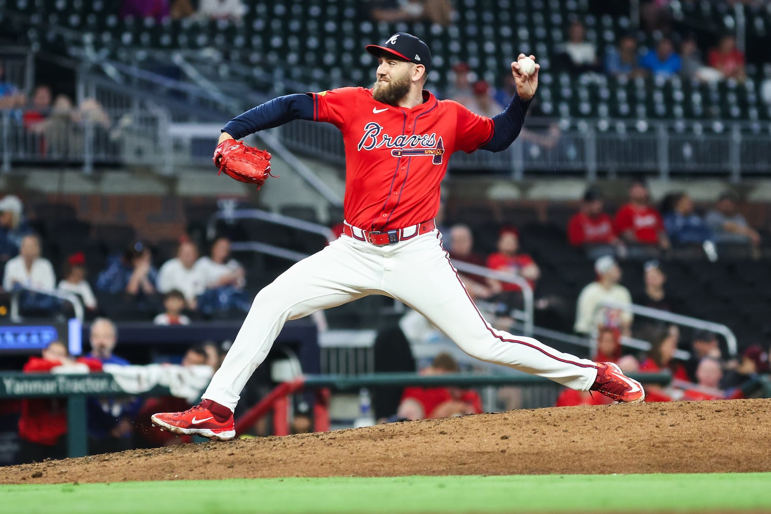 Braves pitcher Dylan Lee throws to the Philadelphia Phillies during their game at Truist Park on Friday, June 27, 2025, in Atlanta. (Abbey Cutrer/AJC)