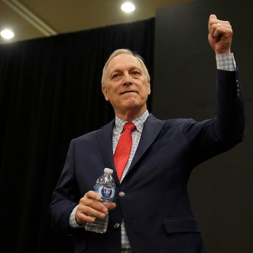 Rep. Andy Biggs, R-Ariz., who is running in the primary for Arizona governor, gives a thumbs up to supporters at a campaign event, Friday, July 17, 2026, in Gilbert, Ariz. (AP Photo/Ross D. Franklin)