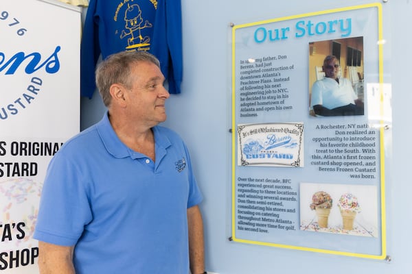 Berens Frozen Custard owner Mark Berens will often find himself looking at a plaque commemorating his late father, who opened Atlanta's first frozen custard shop. (Abbey Cutrer/AJC)