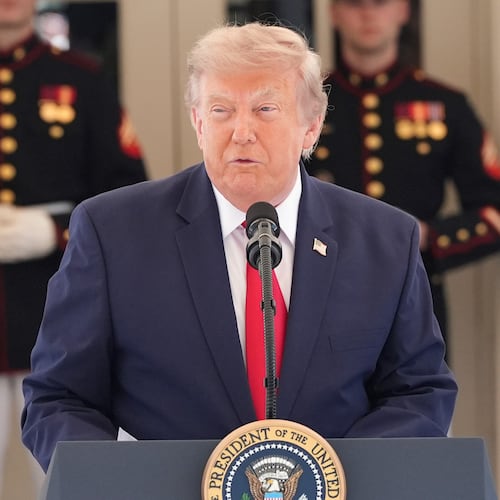 President Donald Trump speaks on West Executive Drive at the White House during a showcase for the upcoming Freedom 250 Grand Prix auto race, Monday, July 13, 2026, in Washington. (AP Photo/Alex Brandon)