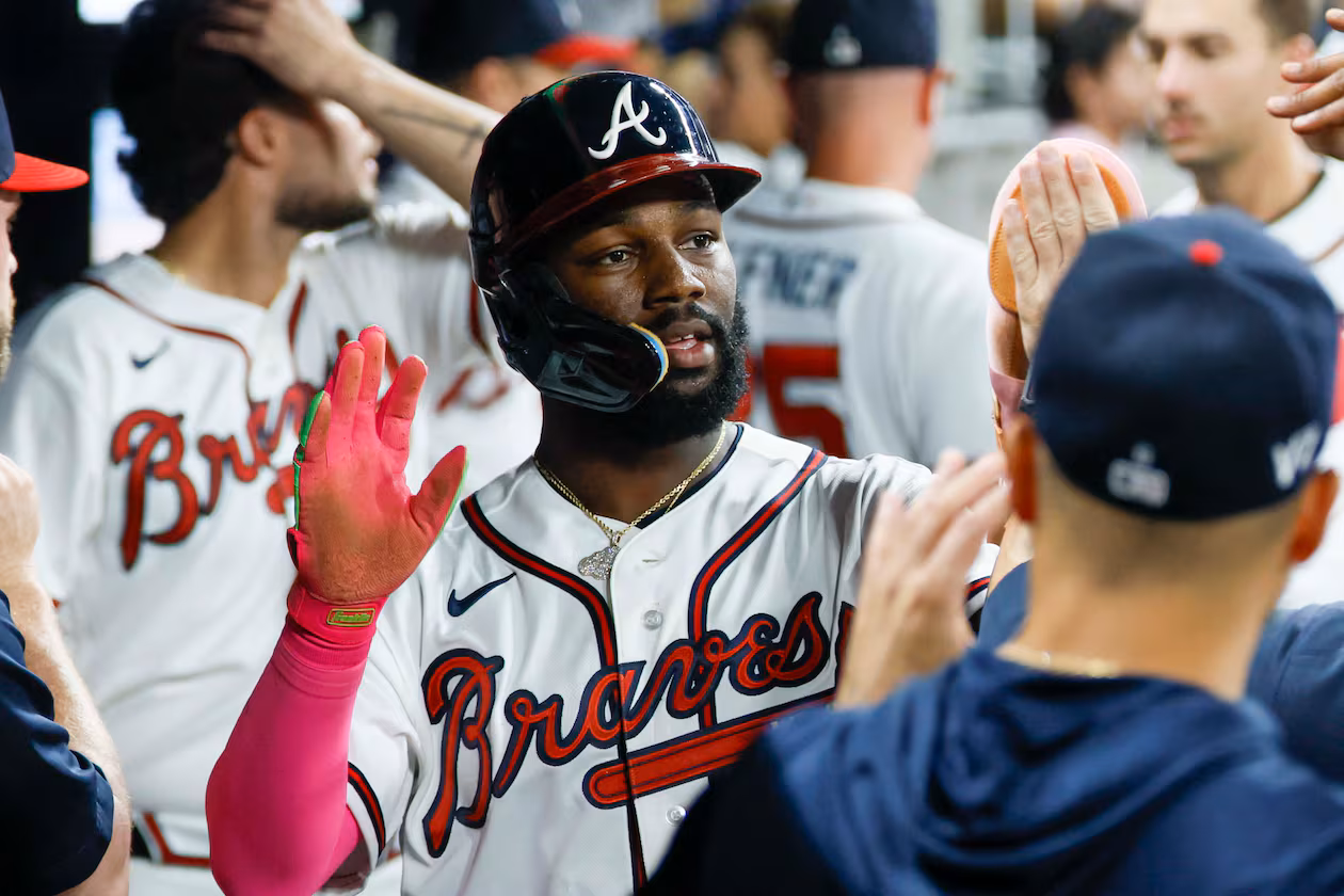 Atlanta Braves center fielder Michael Harris II (23) celebrates in the dugout after scoring on a double by Atlanta Braves center fielder Lane Thomas (20) during the sixth inning against the Miami Marlins on Thursday, August 6, 2026, at Truist Park in Atlanta.
(Miguel Martinez/ AJC)