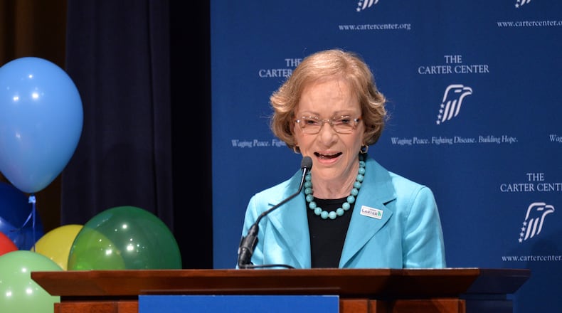 Former first lady Rosalynn Carter speaks during an dedication ceremony and 90th birthday celebration with staff and guests at the Day Chapel of the Ivan Allen III Pavilion at the Carter Center on Wednesday, October 1, 2014. HYOSUB SHIN / HSHIN@AJC.COM