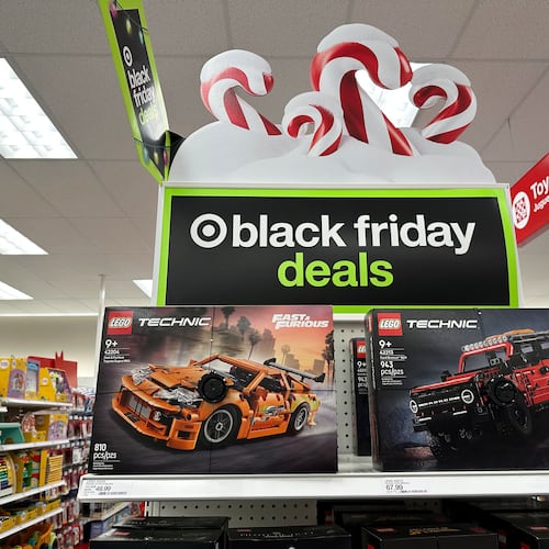 Sign marks special prices on toys as retailers roll out Black Friday deals, Wednesday, Nov. 26, 2025, in a Target store in southeast Denver. (AP Photo/David Zalubowski)