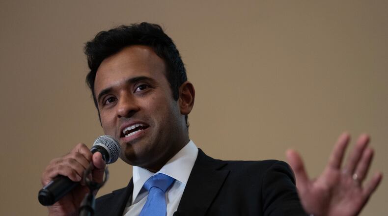 Republican Ohio gubernatorial candidate Vivek Ramaswamy speaks during the Warren County Republicans Lincoln Day Dinner at the Great Wolf Lodge in Mason, Ohio, Friday, April 10, 2026. (AP Photo/Carolyn Kaster)