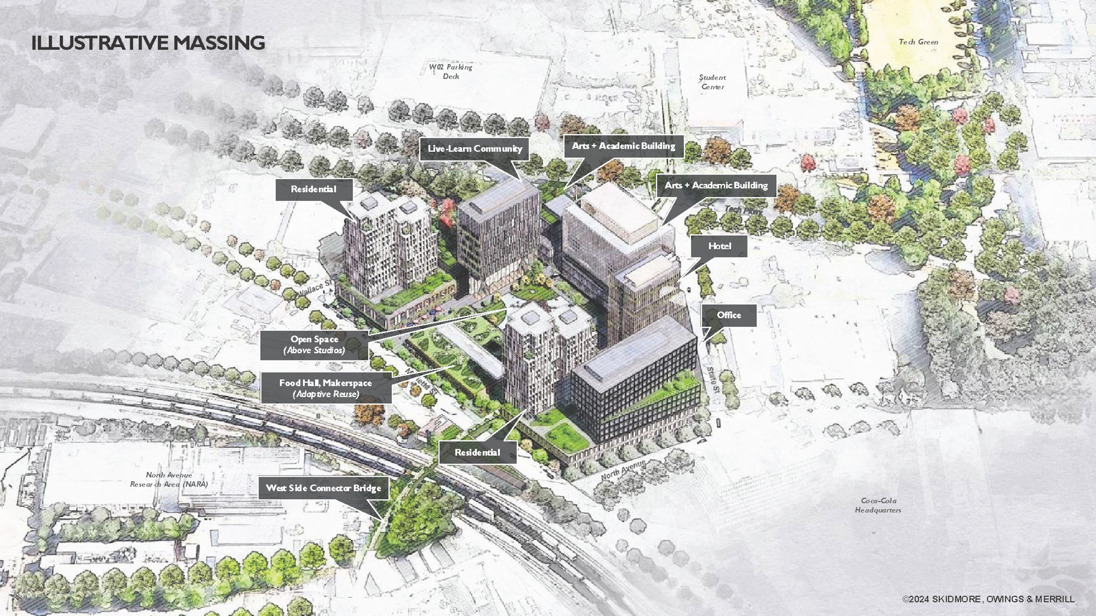 A rendering of Georgia Tech's next planned innovation district, which could include academic and office space, residential and commercial areas, performance halls, soundstages and production studios. (Courtesy of Georgia Institute of Technology)
