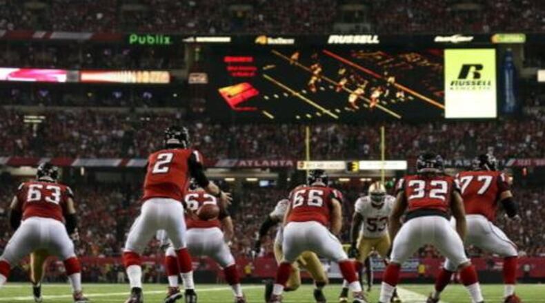 Quarterback Matt Ryan #2 of the Atlanta Falcons receives the ball on the Atlanta one-yardline in the fourth quarter against the San Francisco 49ers in the NFC Championship game at the Georgia Dome on January 20, 2013 in Atlanta, Georgia. (Photo credit: 2013 Getty Images)