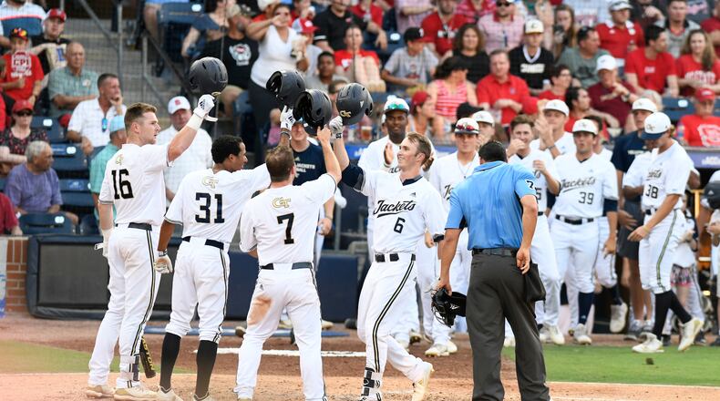 Georgia Tech's Michael Guldberg (6) celebrates after hitting a home run during game fourteen of the 2019 ACC Baseball Tournament in Durham, N.C., Saturday, May 25, 2019. (Photo by Liz Condo, the ACC)