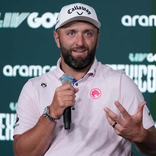 Captain Jon Rahm of Legion XIII speaks after the first round of the LIV Golf tournament in Naucalpan on the outskirts of Mexico City, Thursday, April 16, 2026. (AP Photo/Fernando Llano)