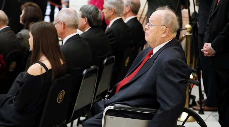 Former U.S. senator Max Cleland, at the state Capitol memorial service for former Gov. Zell Miller in March. BOB ANDRES /BANDRES@AJC.COM