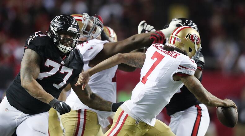 December 18, 2016, ATLANTA: Falcons defensive tackle RaâShede Hageman runs down 49ers quarterback Colin Kaepernick for a sack and 13 yard loss during the third quarter in an NFL football game on Sunday, Dec. 18, 2016, in Atlanta. Curtis Compton/ccompton@ajc.com
