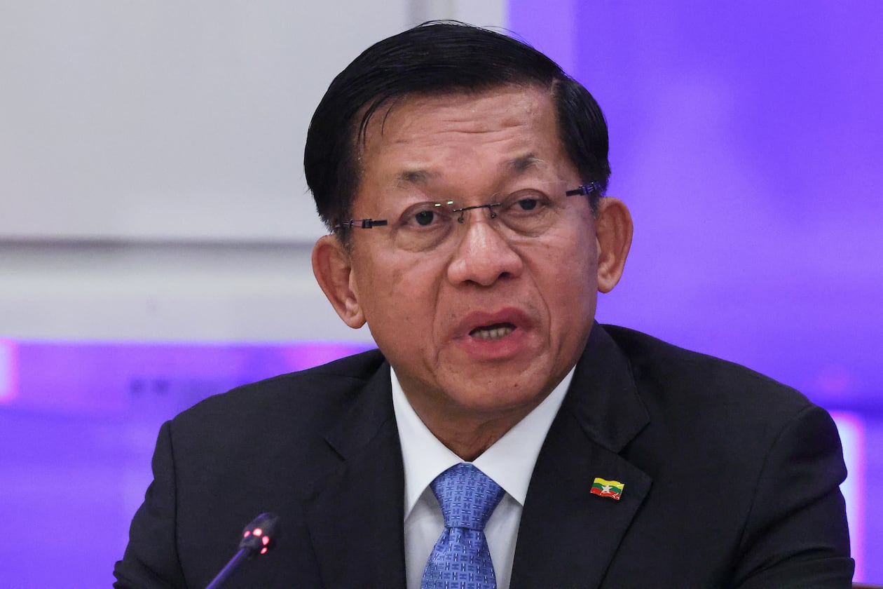 FILE -Myanmar's Military leader Senior Gen. Min Aung Hlaing speaks during a session at the World Atomic Week forum at the Exhibition of Achievements of National Economy (VDNKh) in Moscow, Russia, Sept. 25, 2025. (Evgenia Novozhenina/Pool Photo via AP, File)