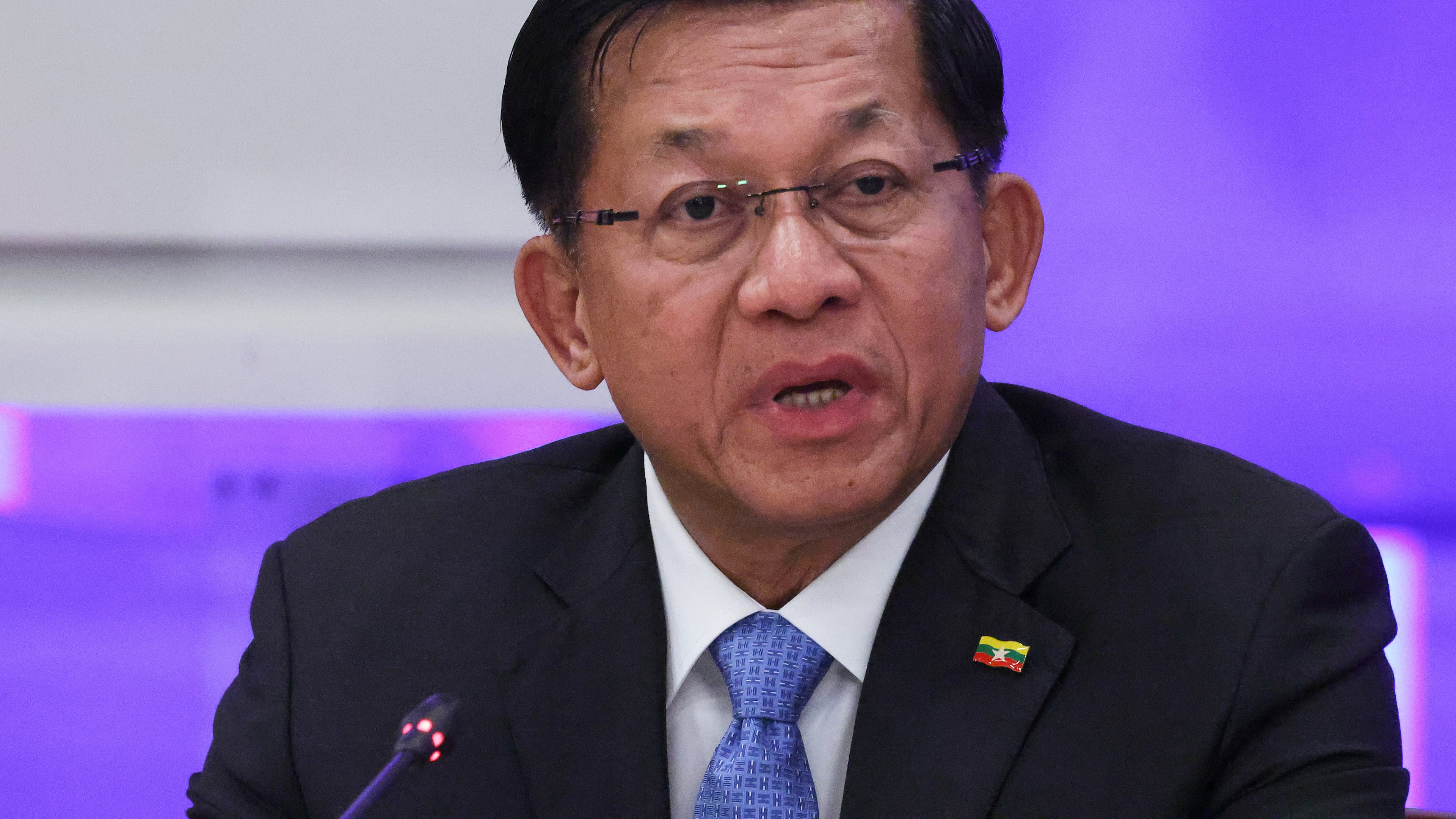 FILE -Myanmar's Military leader Senior Gen. Min Aung Hlaing speaks during a session at the World Atomic Week forum at the Exhibition of Achievements of National Economy (VDNKh) in Moscow, Russia, Sept. 25, 2025. (Evgenia Novozhenina/Pool Photo via AP, File)