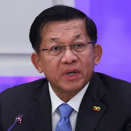 FILE -Myanmar's Military leader Senior Gen. Min Aung Hlaing speaks during a session at the World Atomic Week forum at the Exhibition of Achievements of National Economy (VDNKh) in Moscow, Russia, Sept. 25, 2025. (Evgenia Novozhenina/Pool Photo via AP, File)
