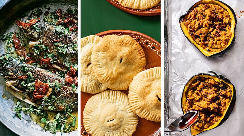 As we shift into cooler weather and the onset of the holiday season, stuffed dishes can be fancy and filling. Shown here are (from left) Ham-Stuffed Trout with Salsa Verde, Caramel-Filled Pastries / Coyotas, and Bulgur-Stuffed Acorn Squash with Ras el Hanout. (Courtesy of Dana Gallagher, Angie Mosier and Kevin White)