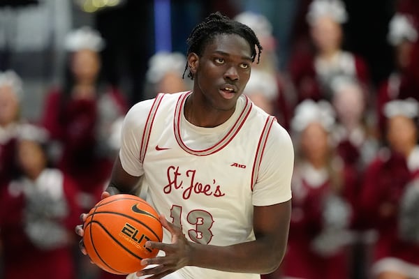 FILE - Saint Joseph's Rasheer Fleming plays during an NCAA college basketball game, Tuesday, Feb. 6, 2024, in Philadelphia. (AP Photo/Matt Slocum, File)