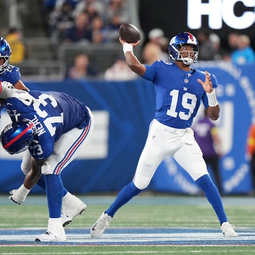 FILE - New York Giants quarterback Jameis Winston (19) prepares to make a throw from the pocket during an NFL preseason football game against the New England Patriots, Aug.. 21, 2025, in East Rutherford, NJ. (AP Photo/Peter Joneleit, File)
