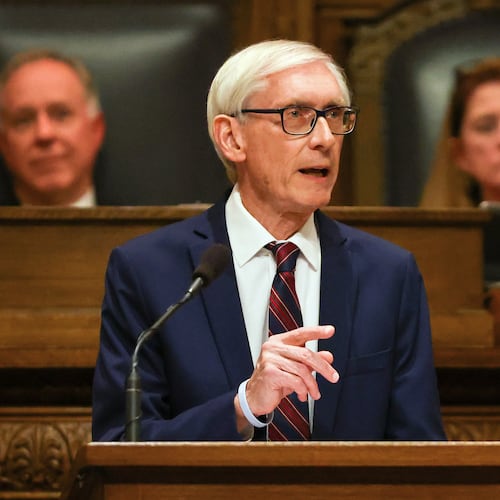 FILE - Wisconsin Gov. Tony Evers delivers his State of the State address at the Wisconsin State Capitol, Feb. 17, 2026, in Madison, Wis. (Owen Ziliak/Wisconsin State Journal via AP, File)