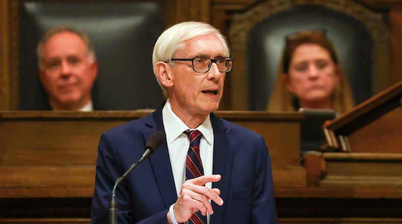 FILE - Wisconsin Gov. Tony Evers delivers his State of the State address at the Wisconsin State Capitol, Feb. 17, 2026, in Madison, Wis. (Owen Ziliak/Wisconsin State Journal via AP, File)