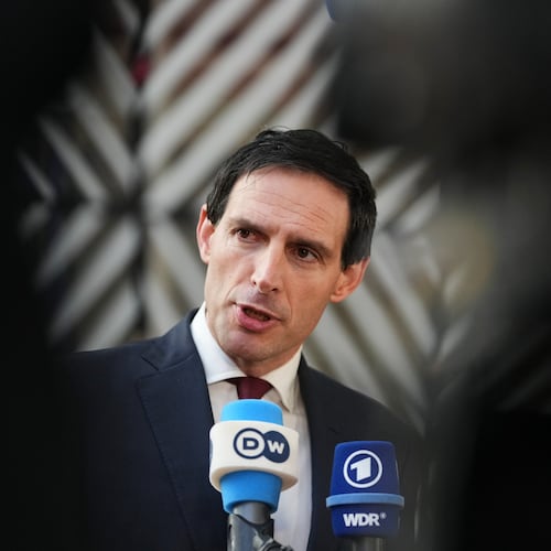 European Commissioner for Climate, Net-Zero and Clean Growth Wopke Hoekstra speaks with the media as he arrives for a meeting of EU Environment ministers at the European Council building in Brussels, Belgium, Tuesday, Nov. 4, 2025. (AP Photo/Virginia Mayo)