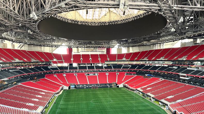 The new artificial-turf playing surface at Mercedes-Benz Stadium is in place. (AMBSE photo).
