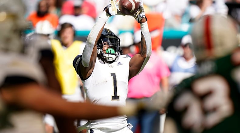 Georgia Tech running back Jahmyr Gibbs (1) catches a pass during the first half of an NCAA college football game against Miami, Saturday, Nov. 6, 2021, in Miami Gardens, Fla. (AP Photo/Wilfredo Lee)