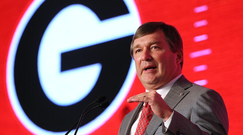 Georgia head coach Kirby Smart holds his press conference at the Hyatt Regency Birmingham-Wynfrey Hotel during SEC Media Days on Tuesday, July 16, 2019, in Birmingham. Curtis Compton/ccompton@ajc.com