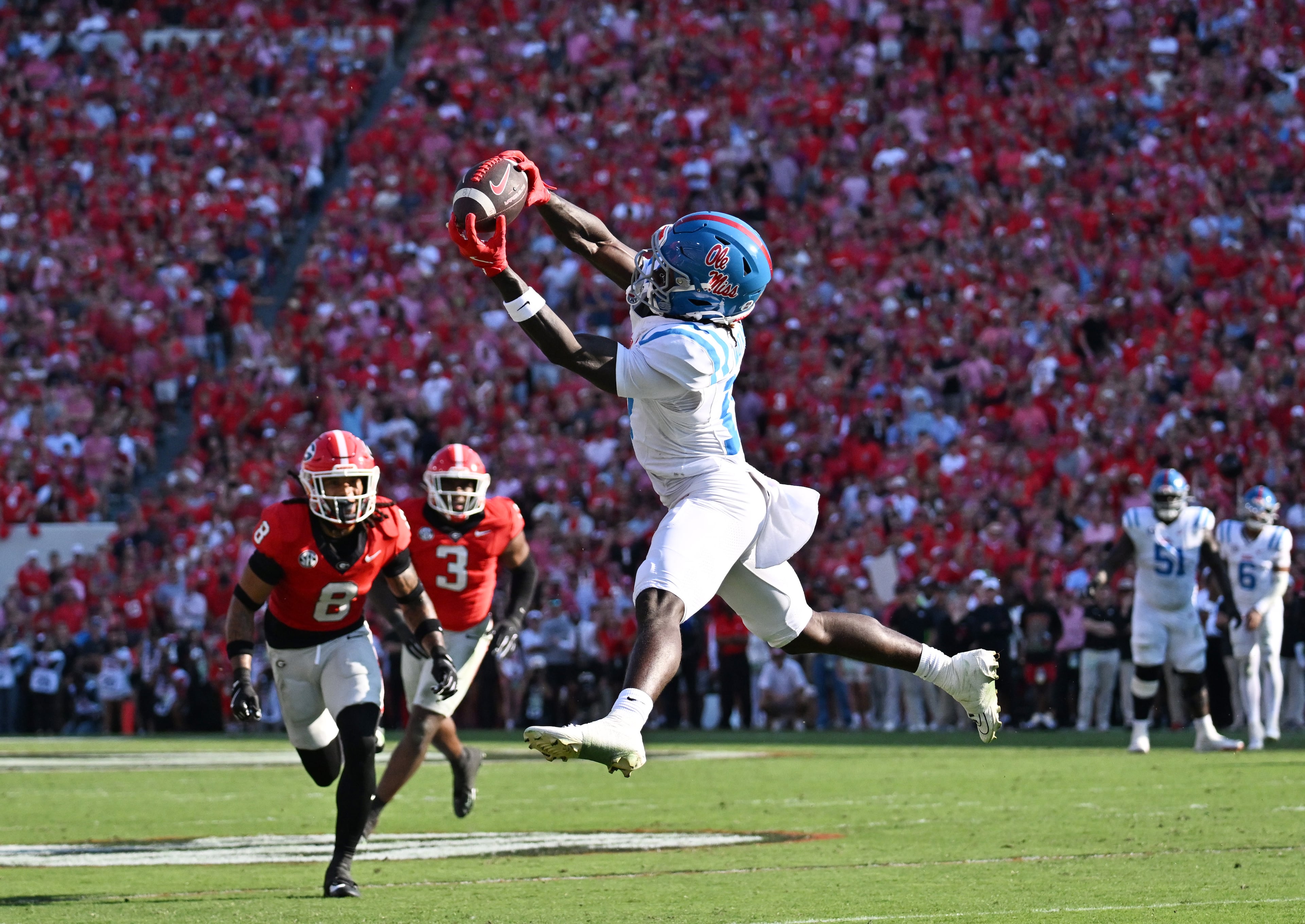 Mississippi wide receiver Winston Watkins (17) makes a catch during the first half in an NCAA football game at Sanford Stadium, Saturday, October 18, 2025, in Athens. (Hyosub Shin / AJC)