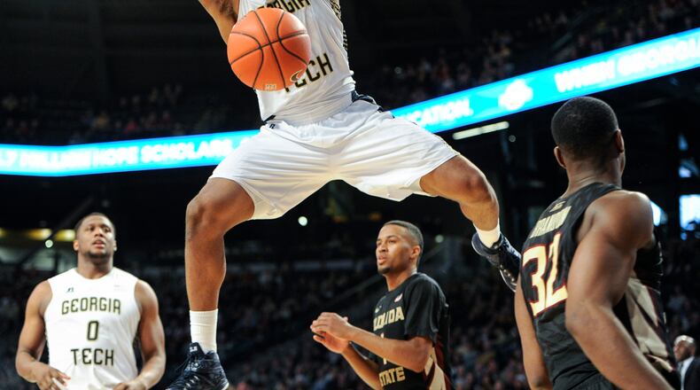 Georgia Tech forward Marcus Georges-Hunt dunks against Florida State during the second half of an NCAA college basketball game, Saturday, Feb. 14, 2015, in Atlanta. Florida State won 57-53. (AP Photo/Atlanta Journal-Constitution, John Amis) MARIETTA DAILY OUT; GWINNETT DAILY POST OUT; LOCAL TELEVISION OUT; WXIA-TV OUT; WGCL-TV OUT Georgia Tech forward Marcus Georges-Hunt is averaging 16.6 points and shooting 53.4 percent from the field in the past eight games. He was averaging 12.6 points and shooting 38.1 percent prior to that. (ASSOCIATED PRESS)