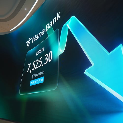 A screen shows the Korea Composite Stock Price Index (KOSPI) at a dealing room of Hana Bank in Seoul, South Korea, Wednesday, July 8, 2026. (AP Photo/Lee Jin-man)