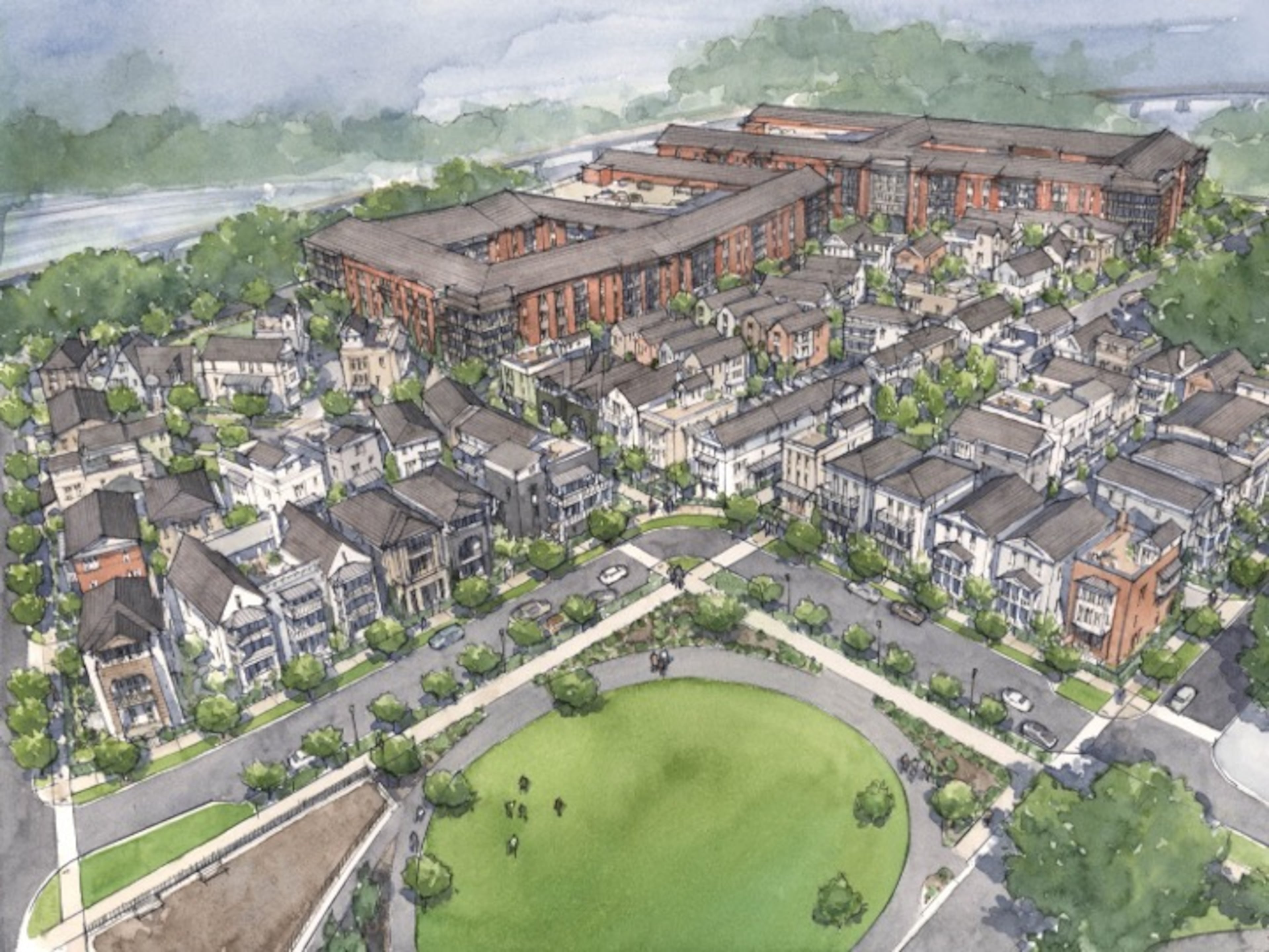A rendering shows plans for a $350 million residential development proposed for Avondale Estates. The project includes single-family homes, townhomes and apartments. (Courtesy of Avila Real Estate and Hedgewood Homes)