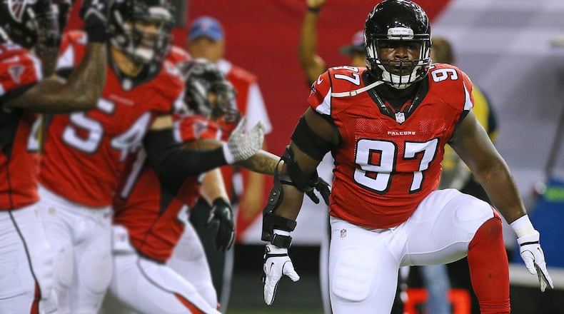 Falcons defensive tackle Grady Jarrett stomps his feet after making a big third down stop.