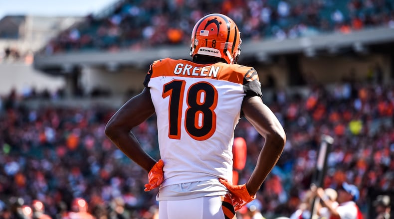 The Cincinnati Bengals wide receiver A.J. Green walks back to the sideline after the ball is thrown away on a fourth-down play during their 20-0 loss to the Baltimore Ravens Sunday, Sept. 10 at Paul Brown Stadium in Cincinnati. NICK GRAHAM/STAFF