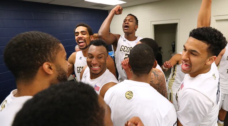 March 19, 2017, Atlanta: Georgia Tech players celebrate their 71-57 victory over Belmont in the locker room after their NIT tournament round two NCAA basketball game on Sunday, March 19, 2017, in Atlanta. Curtis Compton/ccompton@ajc.com