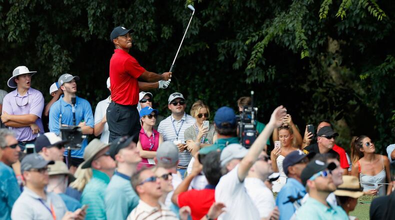Tiger Woods plays his shot from the second tee during the final round of the Tour Championship at East Lake Golf Club, Atlanta in 2018. (Kevin C. Cox/Getty Images)
