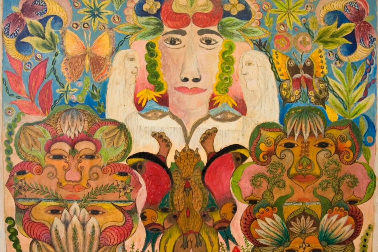 Untitled (Face Flanked by Angels and Mandalas Collage), 1946–1968, pencil, ink, crayon, and oil on paperboard, by Minnie Evans. (Courtesy of High Museum of Art)