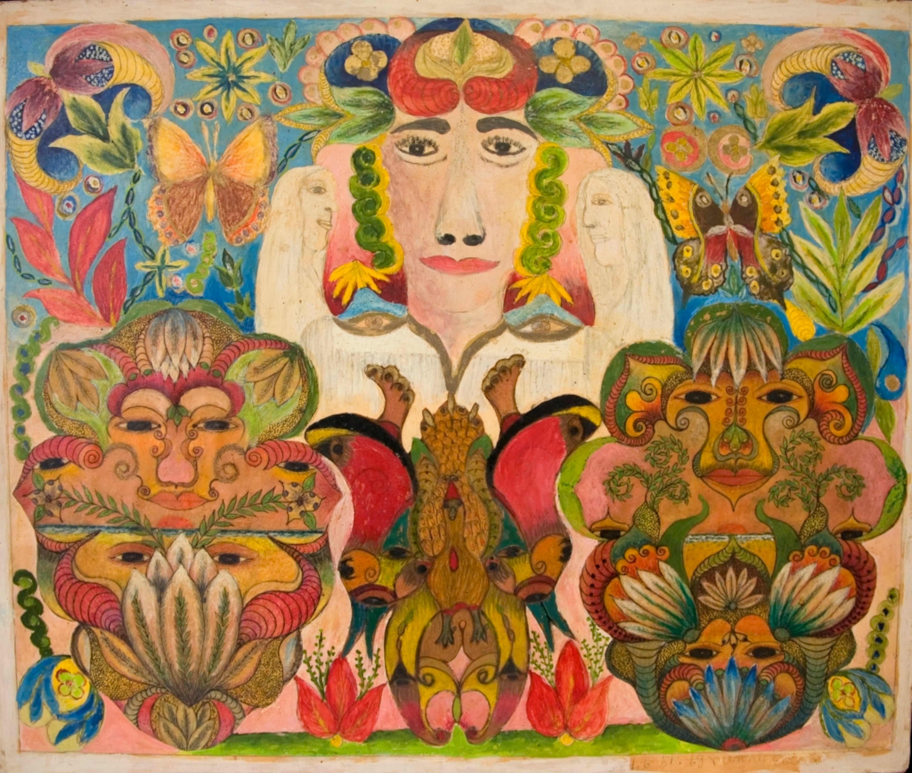 Untitled (Face Flanked by Angels and Mandalas Collage), by Minnie Evans.