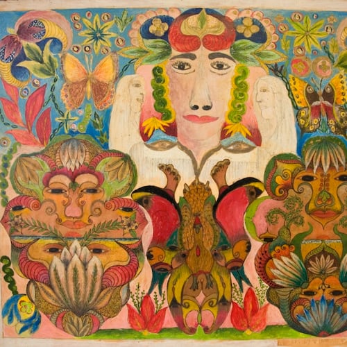 Untitled (Face Flanked by Angels and Mandalas Collage), 1946–1968, pencil, ink, crayon, and oil on paperboard, by Minnie Evans. (Courtesy of High Museum of Art)