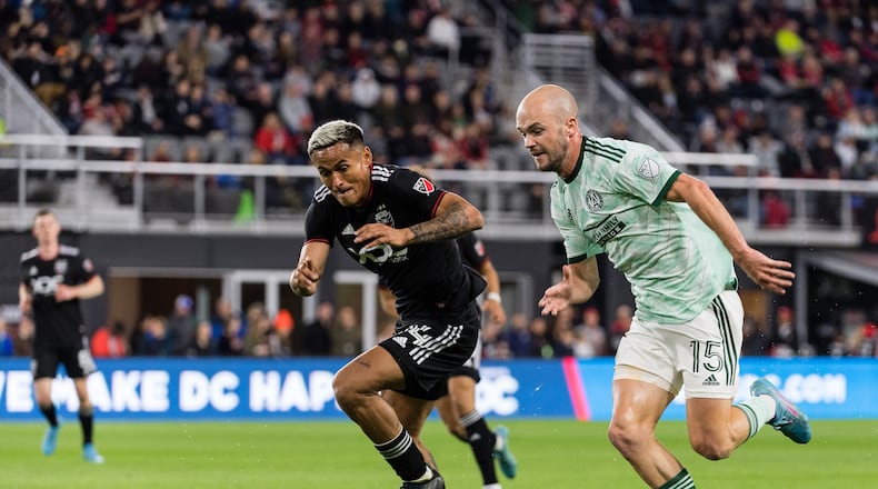 Atlanta United defender Andrew Gutman (15) fights for the ball during the match against D.C. United on Saturday at Audi Field in Washington. (Photo by Mitchell Martin/Atlanta United)
