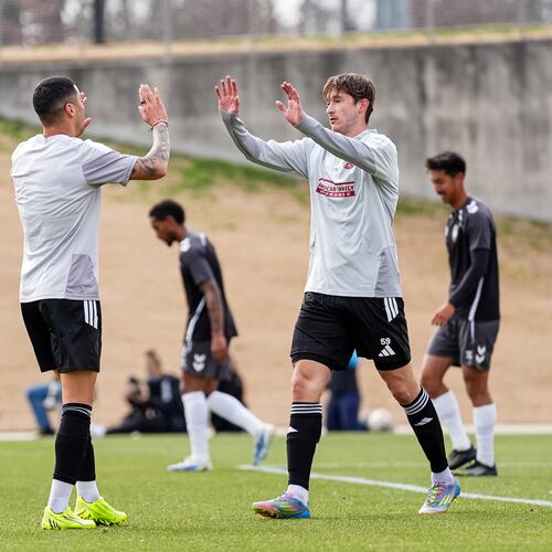 Atlanta United midfielder Alexey Miranchuk (right) celebrates after scoring a goal during the preseason match against Lexington Sporting Club at Children’s Healthcare of Atlanta Training Ground in Marietta, on Friday, January 30, 2026. (Matthew Dingle/Atlanta United)