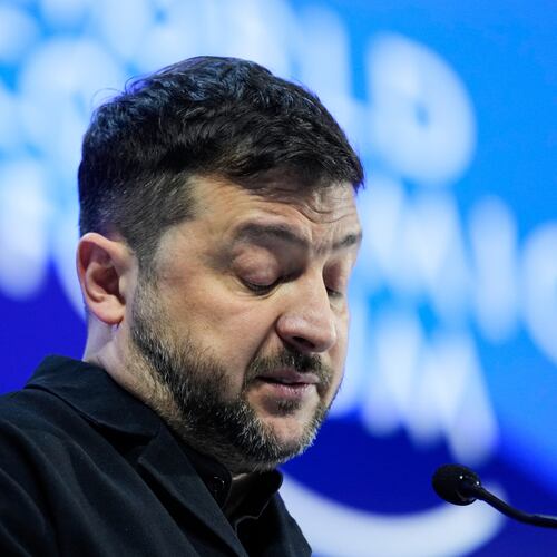 Ukraine's President Volodymyr Zelenskyy delivers a speech at the Annual Meeting of the World Economic Forum in Davos, Switzerland, Thursday, Jan. 22, 2026. (AP Photo/Markus Schreiber)