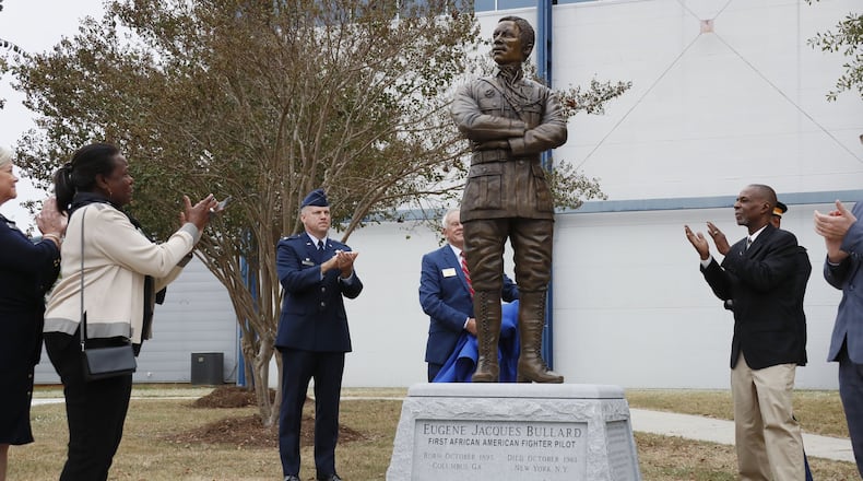 Georgia’s WWI Centennial Commission on Wednesday, Oct. 9, 2019, unveiled a statue of Eugene Bullard, a war hero from Columbus and the first African American fighter pilot in the world, at the Museum of Aviation at Robins Air Force Base. Bob Andres / robert.andres@ajc.com
