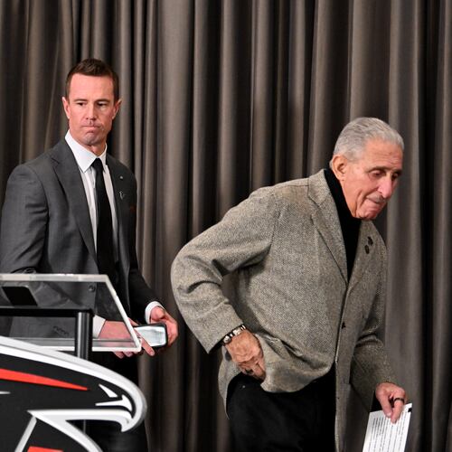Former Atlanta Falcons quarterback Matt Ryan and Arthur M. Blank arrive for a news conference to introduce Ryan as the Falcons’ new president of football, Tuesday, Jan. 13, 2026, in Flowery Branch. (Hyosub Shin/AJC)