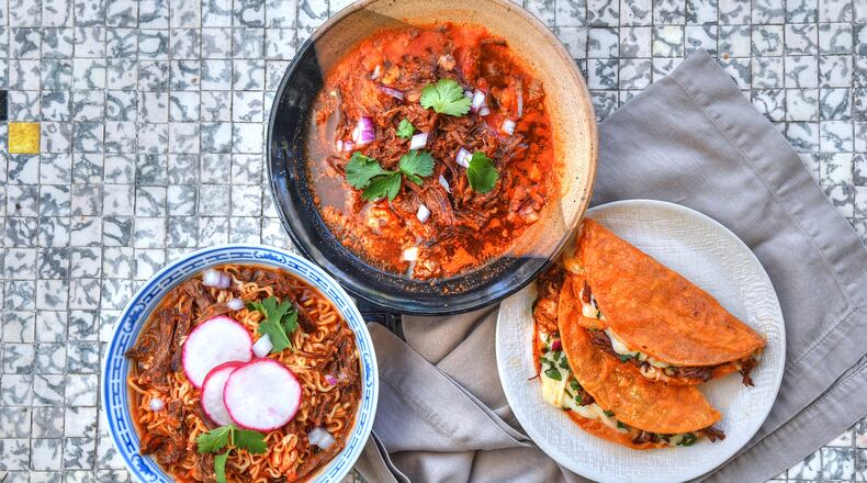 This Mexican stew can be served in multiple ways, such as Birria de Res (top), Birria Ramen (bottom left) and Quesabirria Tacos. Styling by Kate Williams / Chris Hunt for the AJC