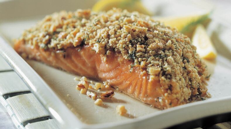 Saturday’s Crunchy Walnut-Crusted Salmon Fillets take a little extra time, but are a great entree for guests. CONTRIBUTED BY California Walnut Commission