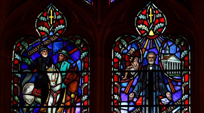Stained glass windows depicting two iconic Confederate generals that are being removed is seen at the Washington National Cathedral in Washington on Wednesday. AP/Carolyn Kaster