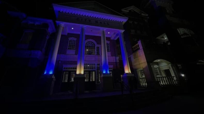 Duluth City Hall has been lit with Ukraine's flag colors since March 2. (Photo from City of Duluth's Facebook page)