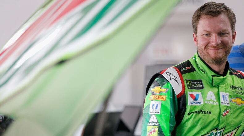 Dale Earnhardt Jr. is nothing but relaxed in the Talladega garage prior to Friday's practice session. (Jonathan Ferrey/Getty Images)