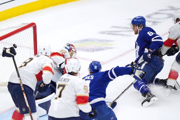 Toronto Maple Leafs forward William Nylander (88) scores against Florida Panthers goaltender Sergei Bobrovsky (72) during the first period of Game 1 in an NHL hockey second-round playoff series in Toronto, Monday, May 5, 2025. (Frank Gunn/The Canadian Press via AP)