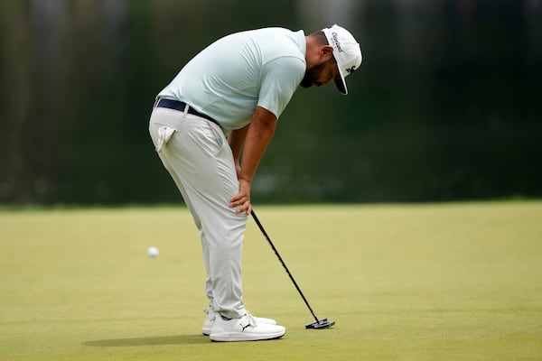 J.J. Spaun reacts after missing a putt on the 17th hole during the second round of the PGA Championship golf tournament at the Quail Hollow Club, Friday, May 16, 2025, in Charlotte, N.C. (AP Photo/Matt York)
